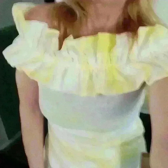 Women's White and Yellow Strapless Super Wide Shoulder Ruffle Top by Man… - Picture 11 of 11